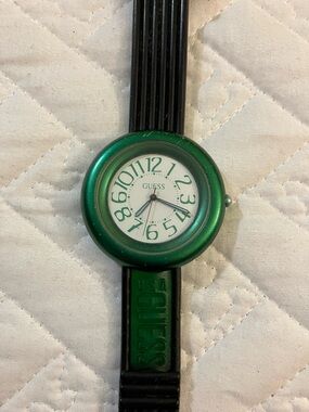 Guess Green Bezel Watch with White Dial and Black Strap